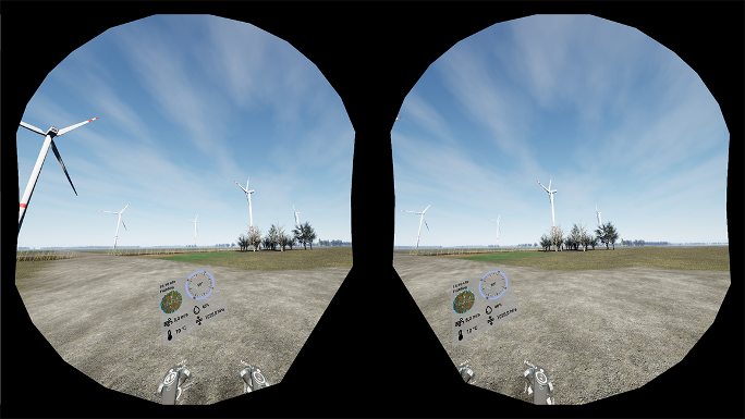 Zwei runde Bildausschnitte vor schwarzem Hintergrund; in den Ausschnitten ist vorne ein virtuelles Dashboard zu sehen, im Hintergrund Felder, Bäume und Windräder.