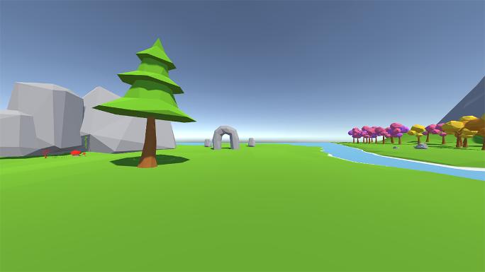 Eine digital gezeichnete Landschaft mit Wiese, Bäumen, Felsen und einem Fluss.