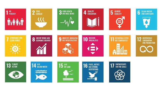 17 farbige Rechtecke mit Piktogrammen veranschaulichen die 17 UN-Klimaziele.