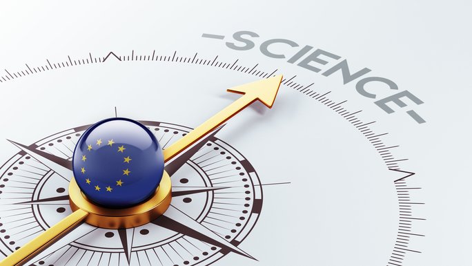 A compass with an EU symbol in the middle, the compass needle points to the word Science