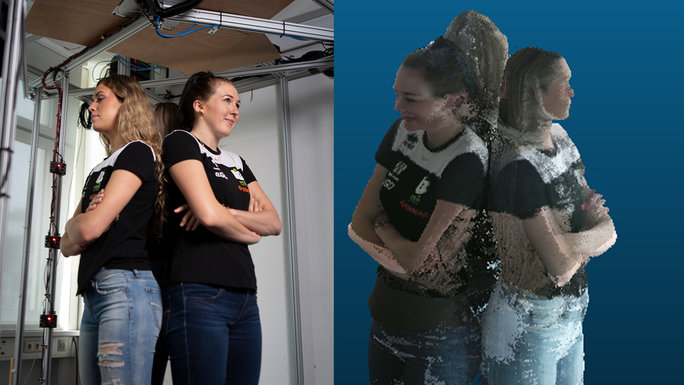 The picture is divided into two parts: On the left a photo of three young women, on the right a scanned image of the same women from a different angle