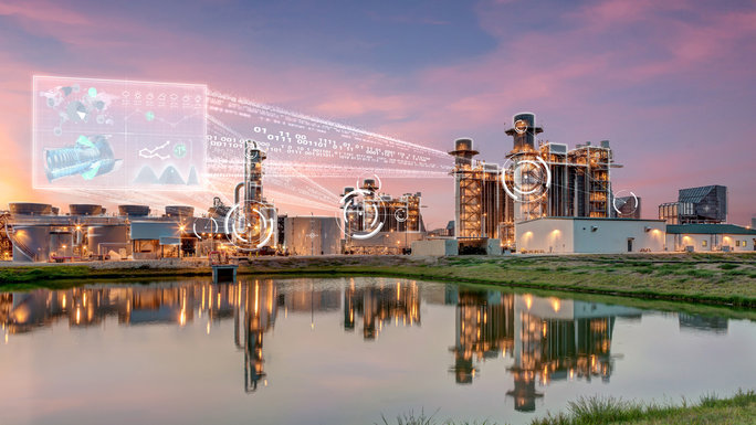In the front there is a water basin. Behind that there is a power plant. Attached to the power plant are bubbles with algorithms in them.